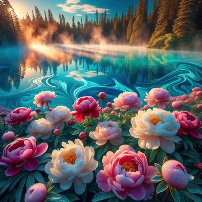The primary subject of the image is a beautiful bouquet of pink flowers, with a total of 14 flowers in various positions. The flowers are arranged in a visually appealing manner, creating a sense of harmony and elegance. The setting is a serene lake, with the flowers placed near the water's edge. The visual style of the image is a combination of photo and digital art, resulting in a stunning and realistic representation of the flowers and their surroundings. The colors and mood of the image